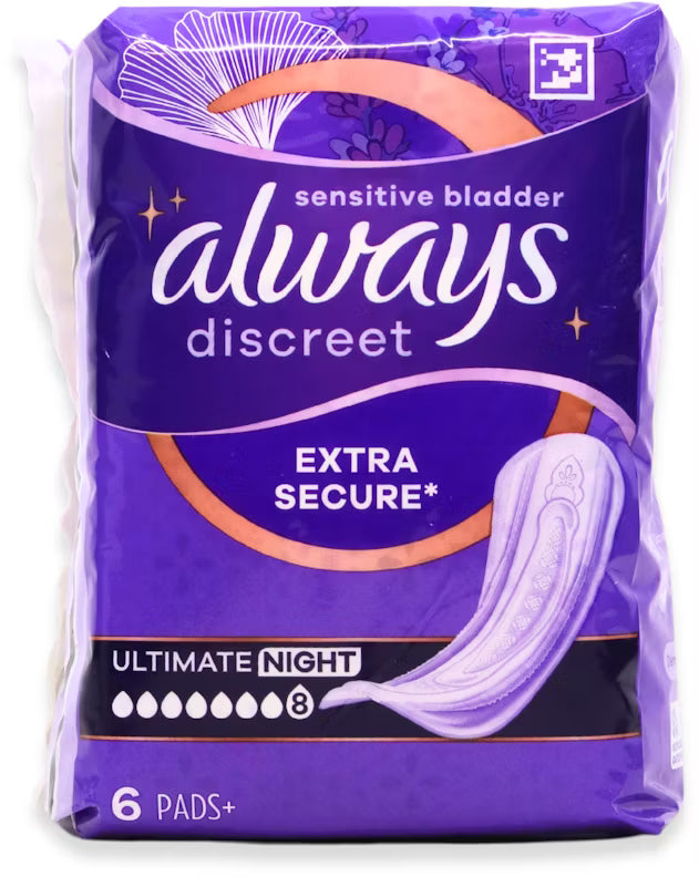 Always discreet extra secure night, Packaging showing discreet overnight pads 