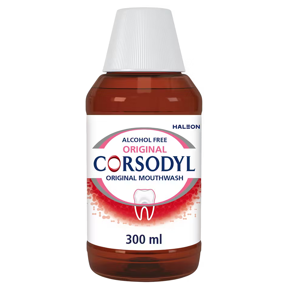 Corsodyl mouth wash, Antibacterial gum care mouthwash bottle 