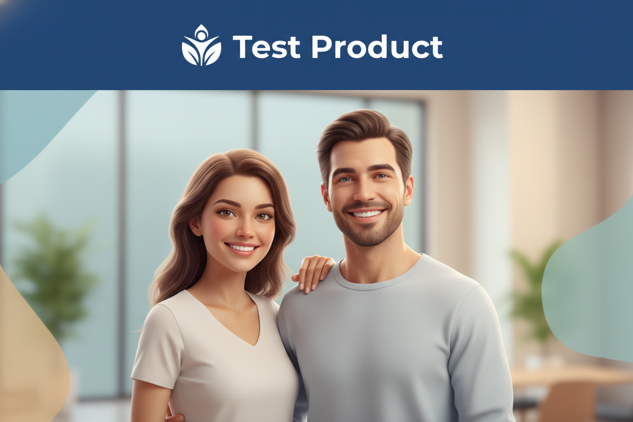 Can you generate an image with a large title banner at the very top of the image with a height of  30% of the overall image height and with text "Test Product" with biggest font possible and an icon representing the title both fitting on 1 line.  The background colour of the banner be #04529E. The combined title text and icon should extend all the way across the image and centre justified horizontally. Below the banner insert a picture of a 3D image to represent better health and low stress in a couple.