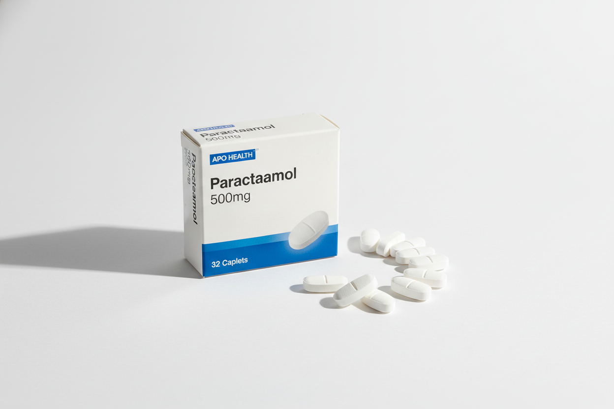 Create a paracetamol 32 pack product showing packaging and caplets we can sell in our store