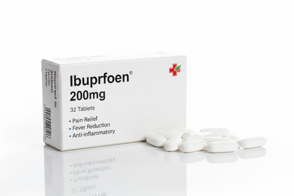 create image of Ibuprofen 200mg 32 pack showing packaging and caplets we can sell in our store